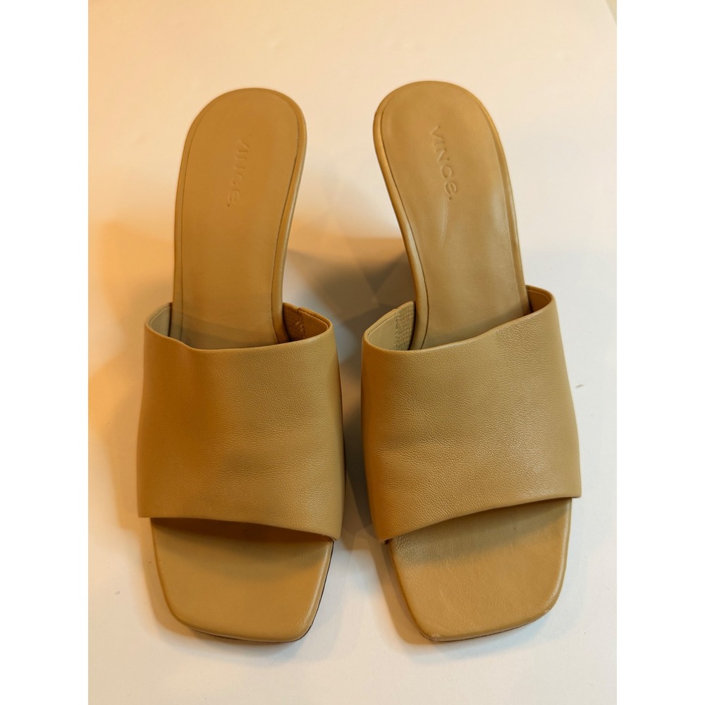 Vince Womens Tan Leather Square Toe Wedge Mules Sandals Size 8M